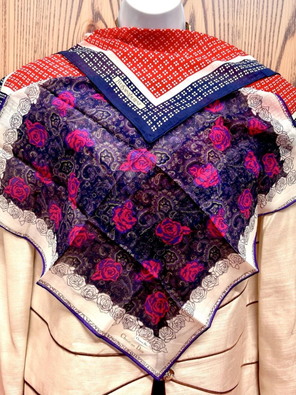 2) New Christian Dior & YSL Mini Scarf/Neck-kerchief Cott 18.5" Red Blue (19 - Picture 8 of 16